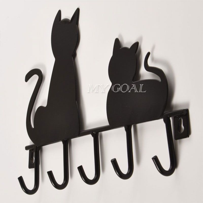 5 Hooks Cat Shaped Key Bag Hanger Kitten Organiser Wall Door Hanging